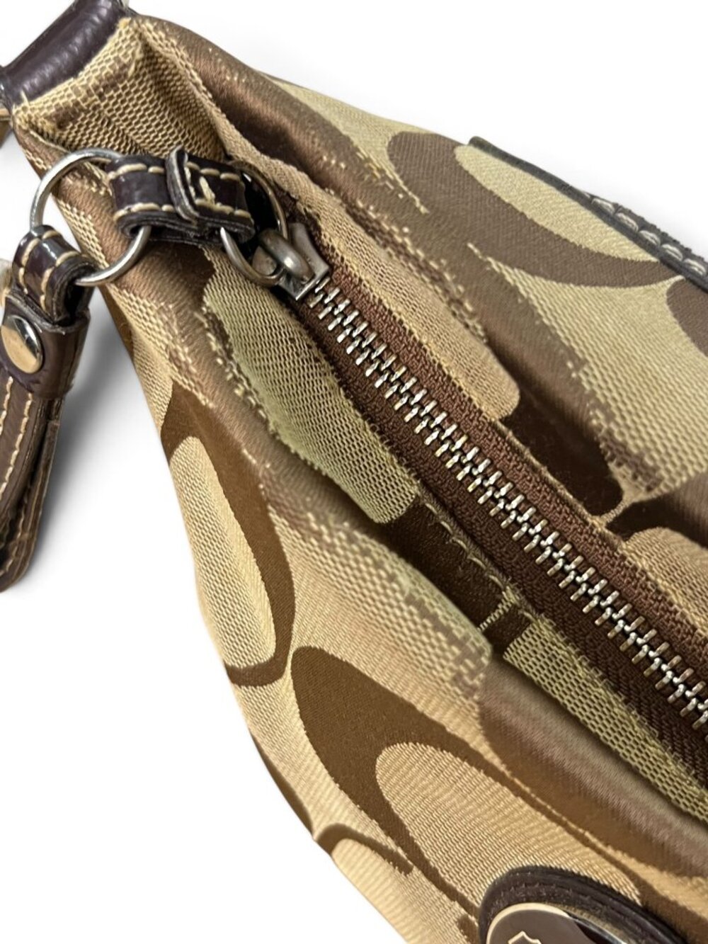 Coach Signature Khaki & Brown Crossbody Bag With Adjustable Strap & Zip Closure - Picture 8 of 10